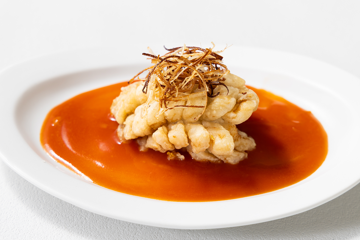 福島県産 スズキの菊揚げ夏みかんの甘酢あんかけ