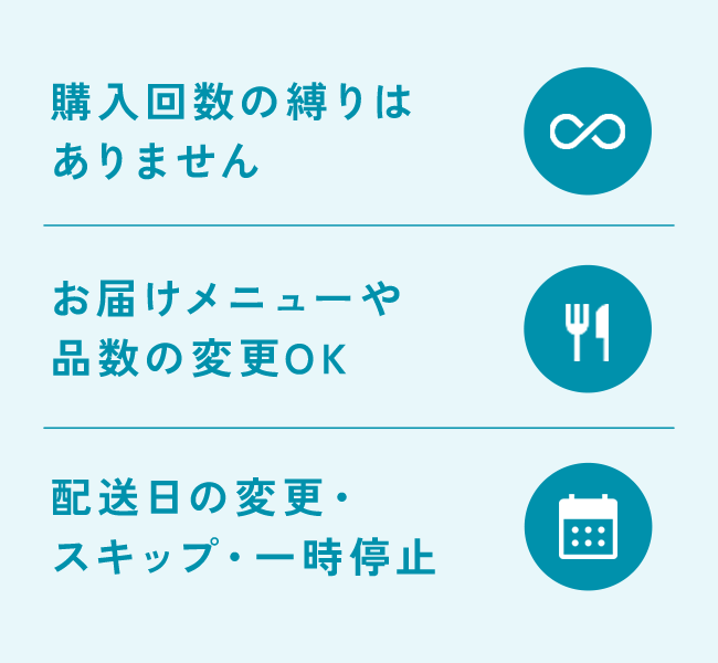 購入回数の縛りはありませんお届けメニューや品数の変更OK 配送日の変更・ スキップ・一時停止 